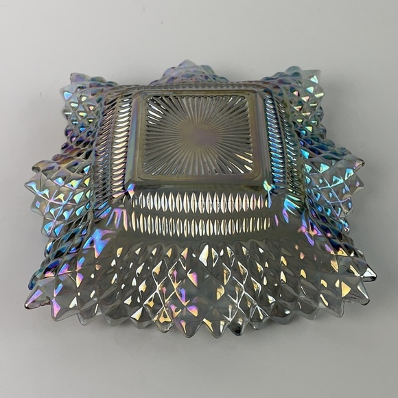 Iridescent Smokey Grey Carnival Glass Square Diamond Design Saw Tooth Edge Dish - Picture 5 of 10